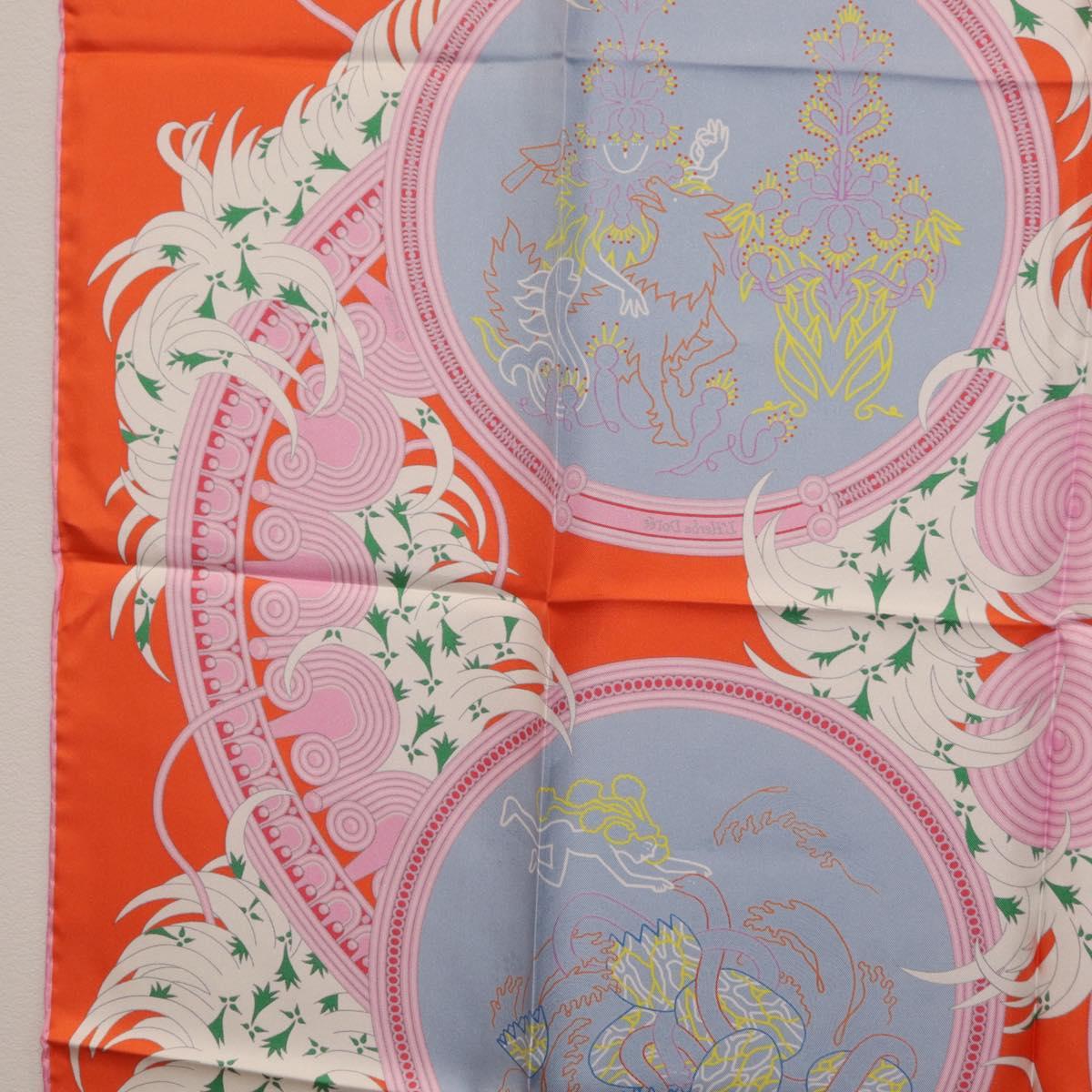 HERMES Carre 90 Scarf Silk Orange Light Blue ""Le Gui du Chene"" Auth ki6875M