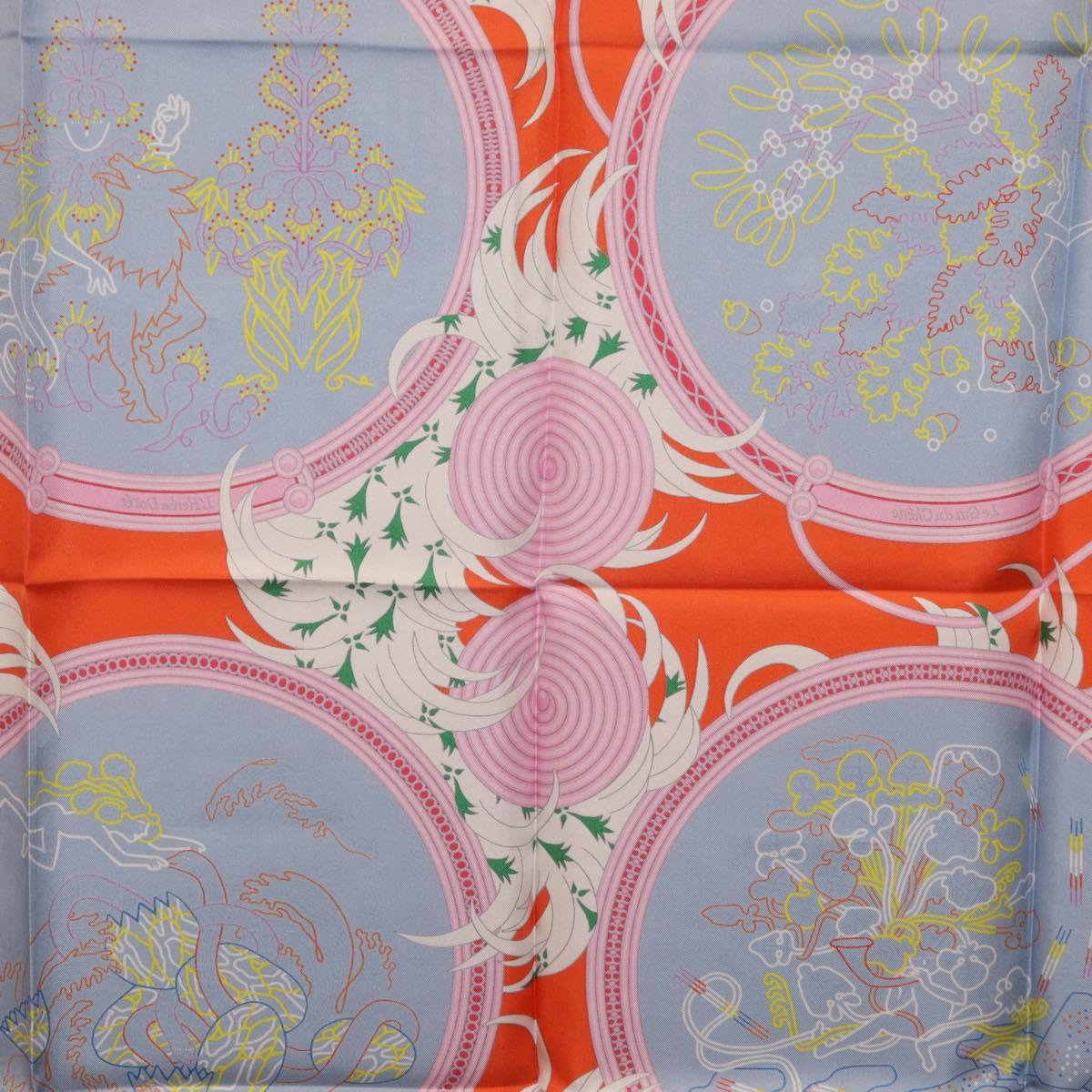 HERMES Carre 90 Scarf Silk Orange Light Blue ""Le Gui du Chene"" Auth ki6875M