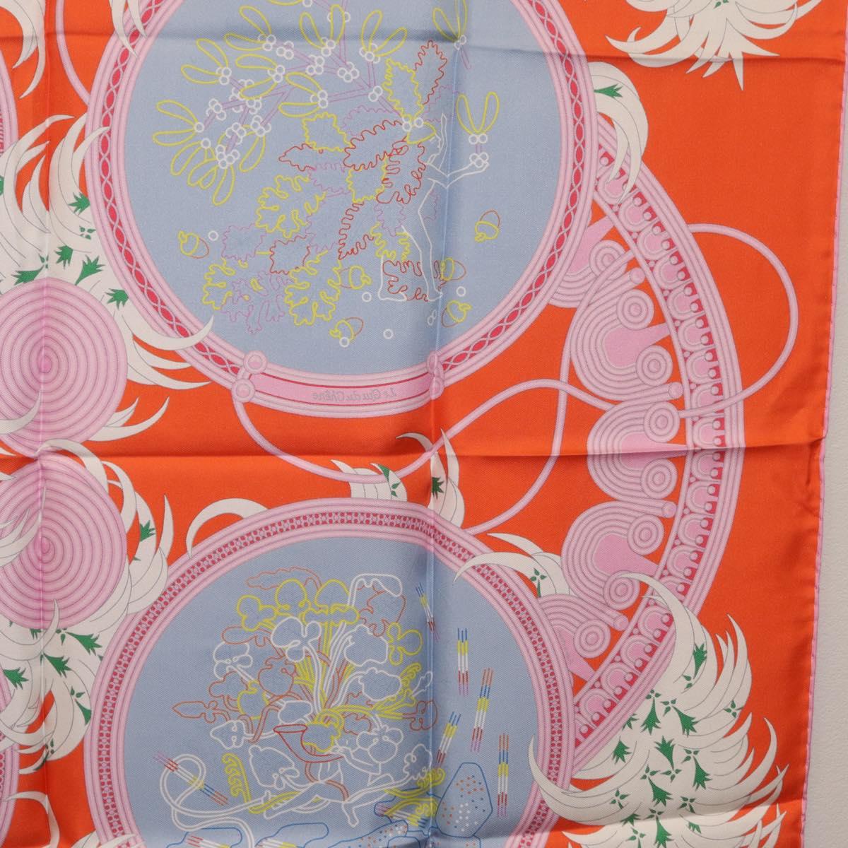 HERMES Carre 90 Scarf Silk Orange Light Blue ""Le Gui du Chene"" Auth ki6875M