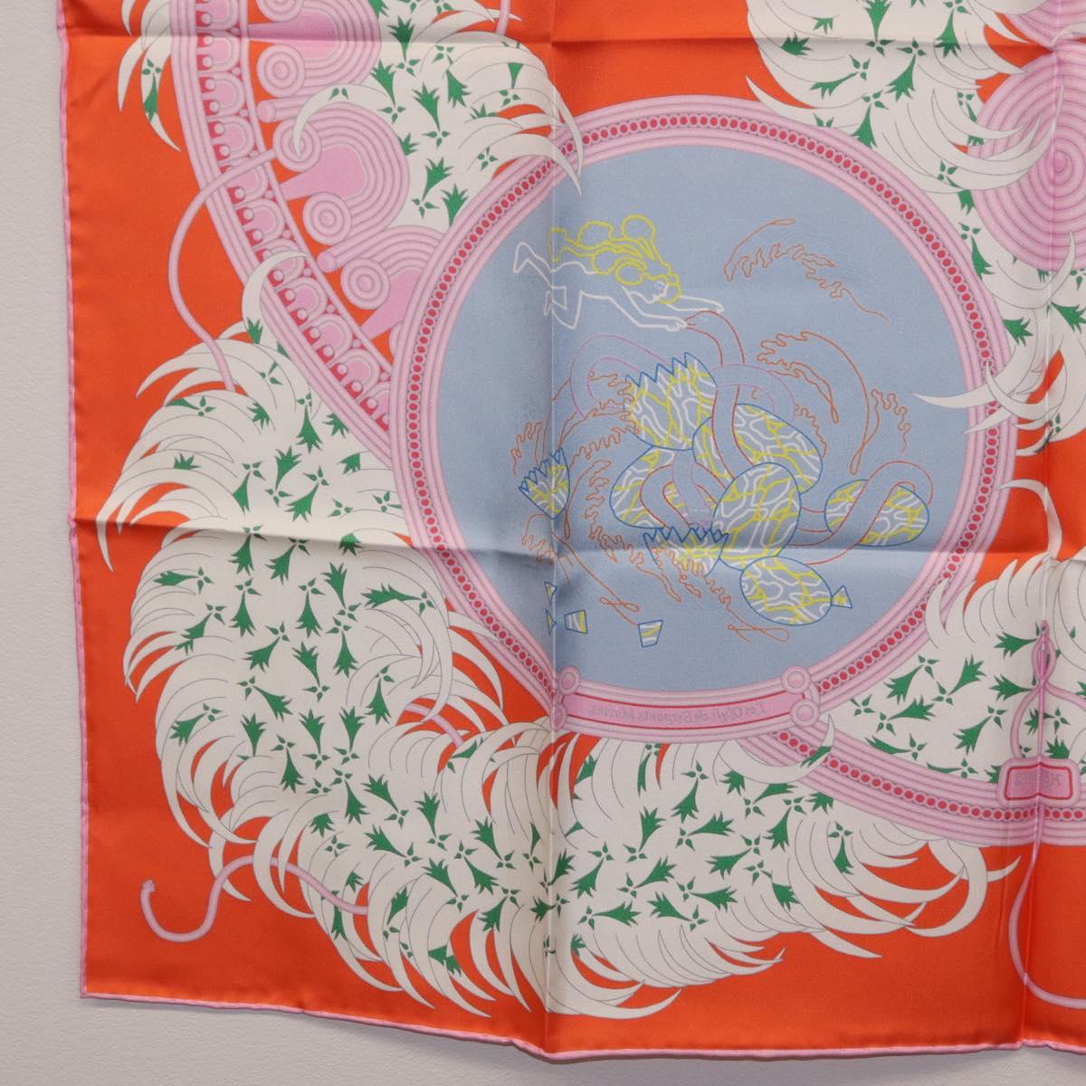 HERMES Carre 90 Scarf Silk Orange Light Blue ""Le Gui du Chene"" Auth ki6875M