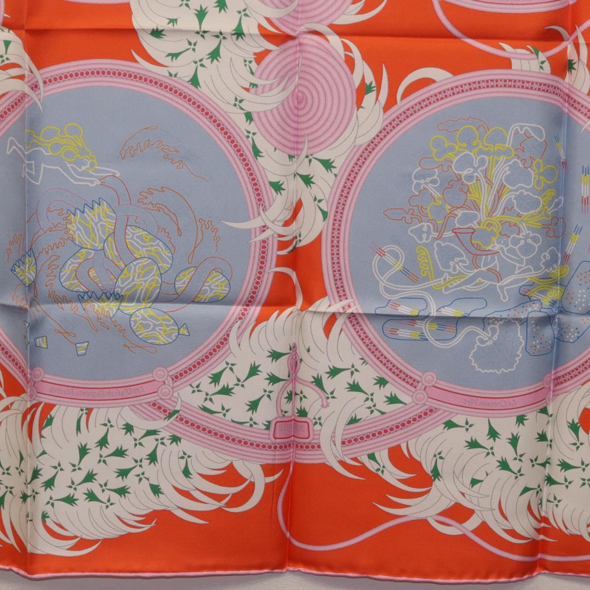 HERMES Carre 90 Scarf Silk Orange Light Blue ""Le Gui du Chene"" Auth ki6875M