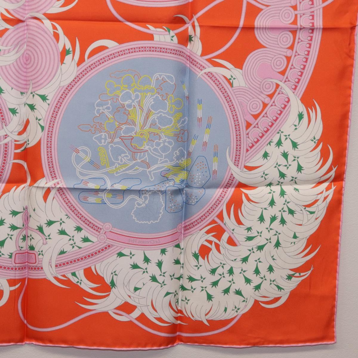 HERMES Carre 90 Scarf Silk Orange Light Blue ""Le Gui du Chene"" Auth ki6875M