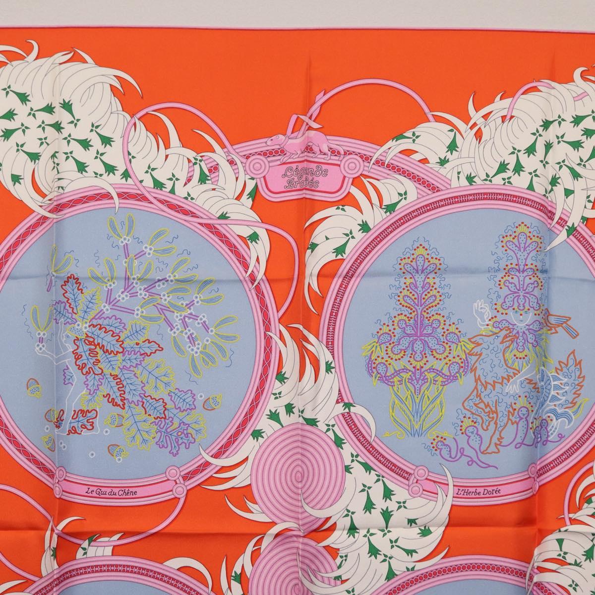 HERMES Carre 90 Scarf Silk Orange Light Blue ""Le Gui du Chene"" Auth ki6875M