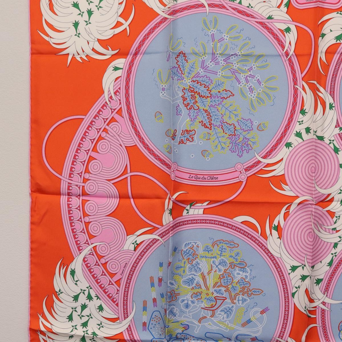 HERMES Carre 90 Scarf Silk Orange Light Blue ""Le Gui du Chene"" Auth ki6875M