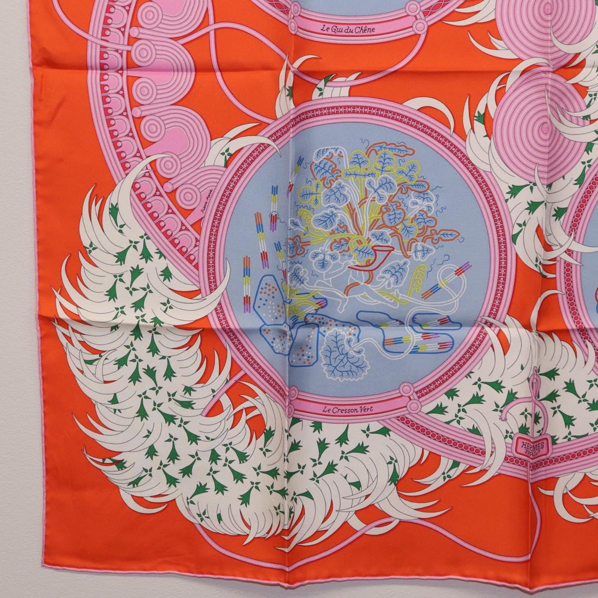 HERMES Carre 90 Scarf Silk Orange Light Blue ""Le Gui du Chene"" Auth ki6875M