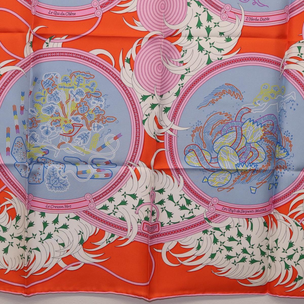 HERMES Carre 90 Scarf Silk Orange Light Blue ""Le Gui du Chene"" Auth ki6875M