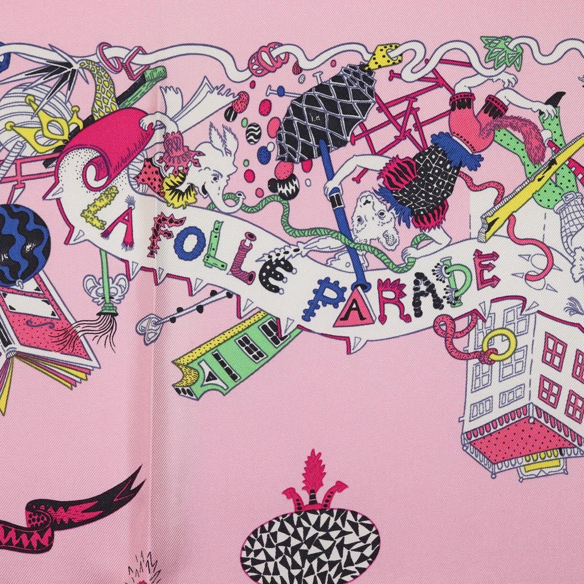 HERMES Carre 90 Scarf Silk Pink Yellow ""La Folle Parade"" Auth ki6876M