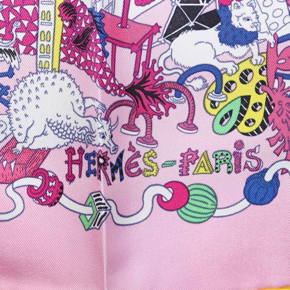 HERMES Carre 90 Scarf Silk Pink Yellow ""La Folle Parade"" Auth ki6876M