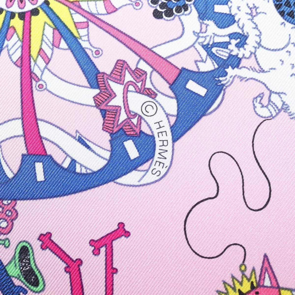 HERMES Carre 90 Scarf Silk Pink Yellow ""La Folle Parade"" Auth ki6876M