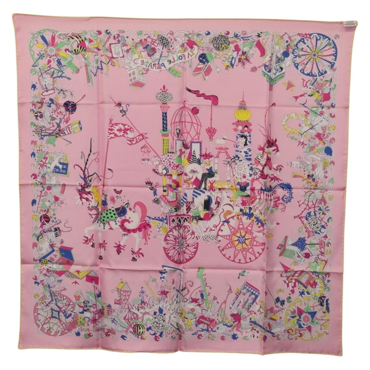 HERMES Carre 90 Scarf Silk Pink Yellow ""La Folle Parade"" Auth ki6876M