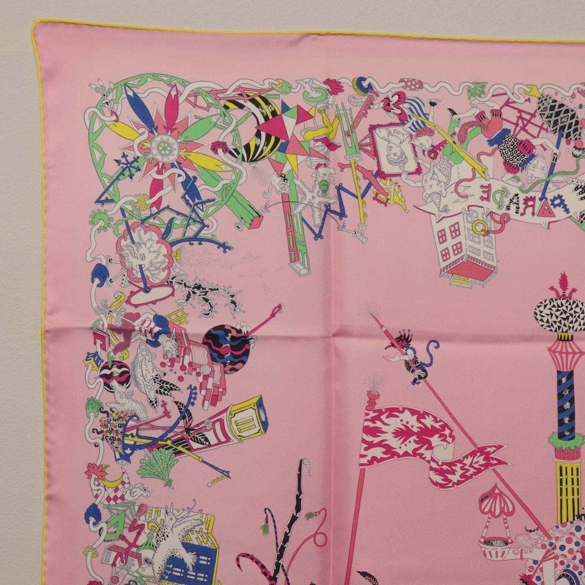 HERMES Carre 90 Scarf Silk Pink Yellow ""La Folle Parade"" Auth ki6876M