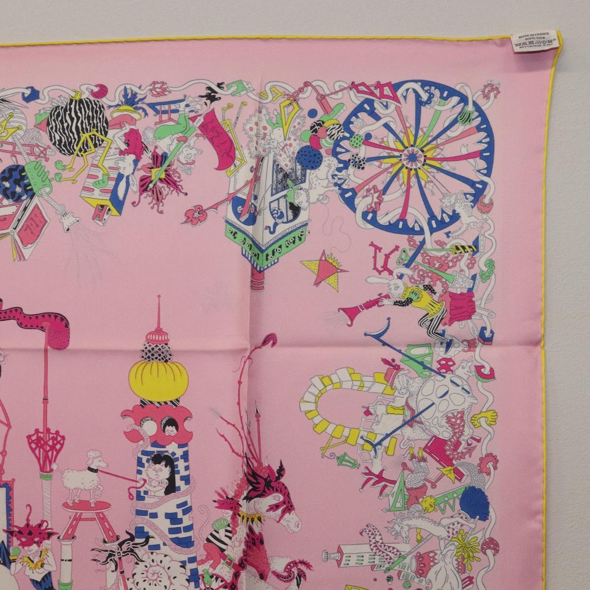 HERMES Carre 90 Scarf Silk Pink Yellow ""La Folle Parade"" Auth ki6876M