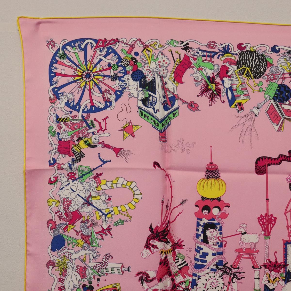 HERMES Carre 90 Scarf Silk Pink Yellow ""La Folle Parade"" Auth ki6876M