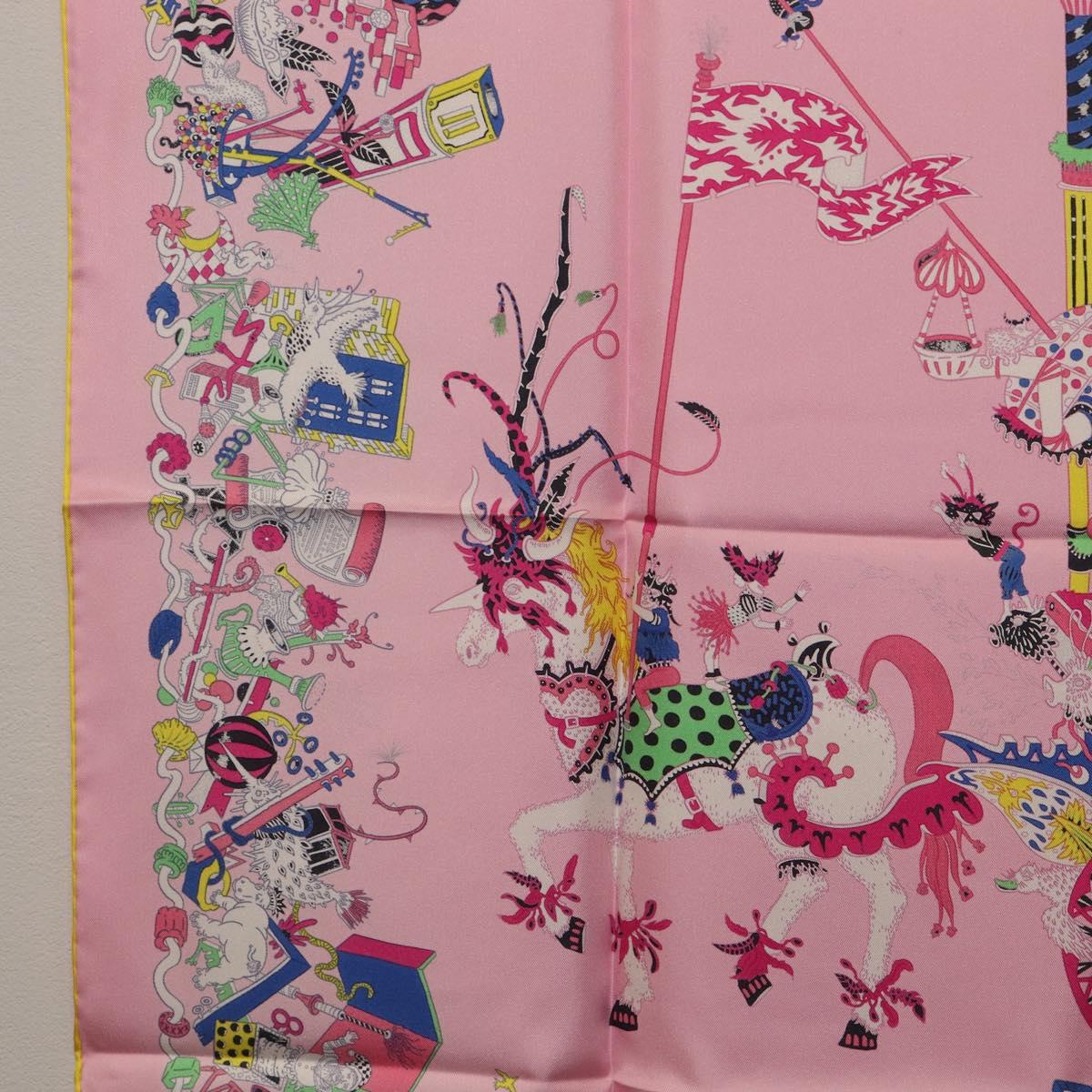 HERMES Carre 90 Scarf Silk Pink Yellow ""La Folle Parade"" Auth ki6876M