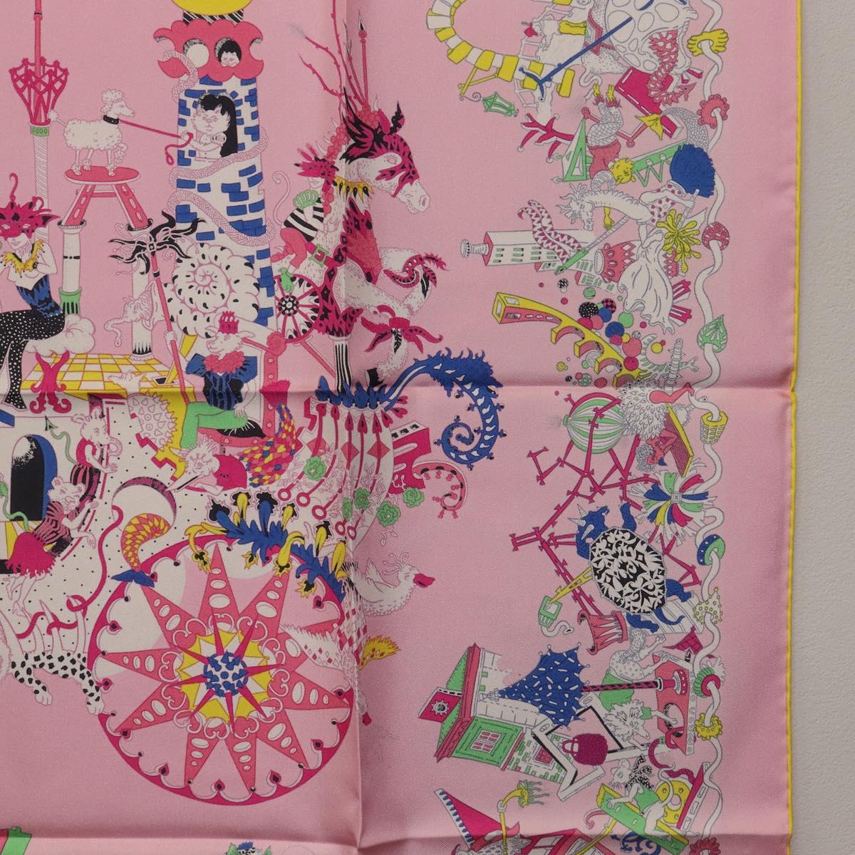 HERMES Carre 90 Scarf Silk Pink Yellow ""La Folle Parade"" Auth ki6876M