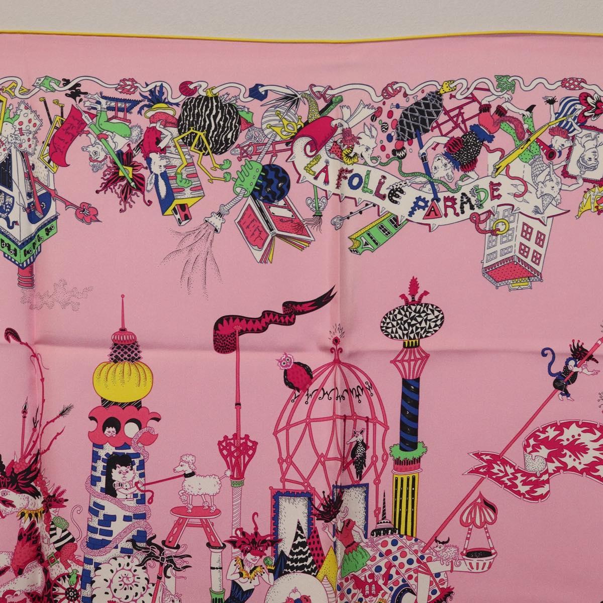 HERMES Carre 90 Scarf Silk Pink Yellow ""La Folle Parade"" Auth ki6876M