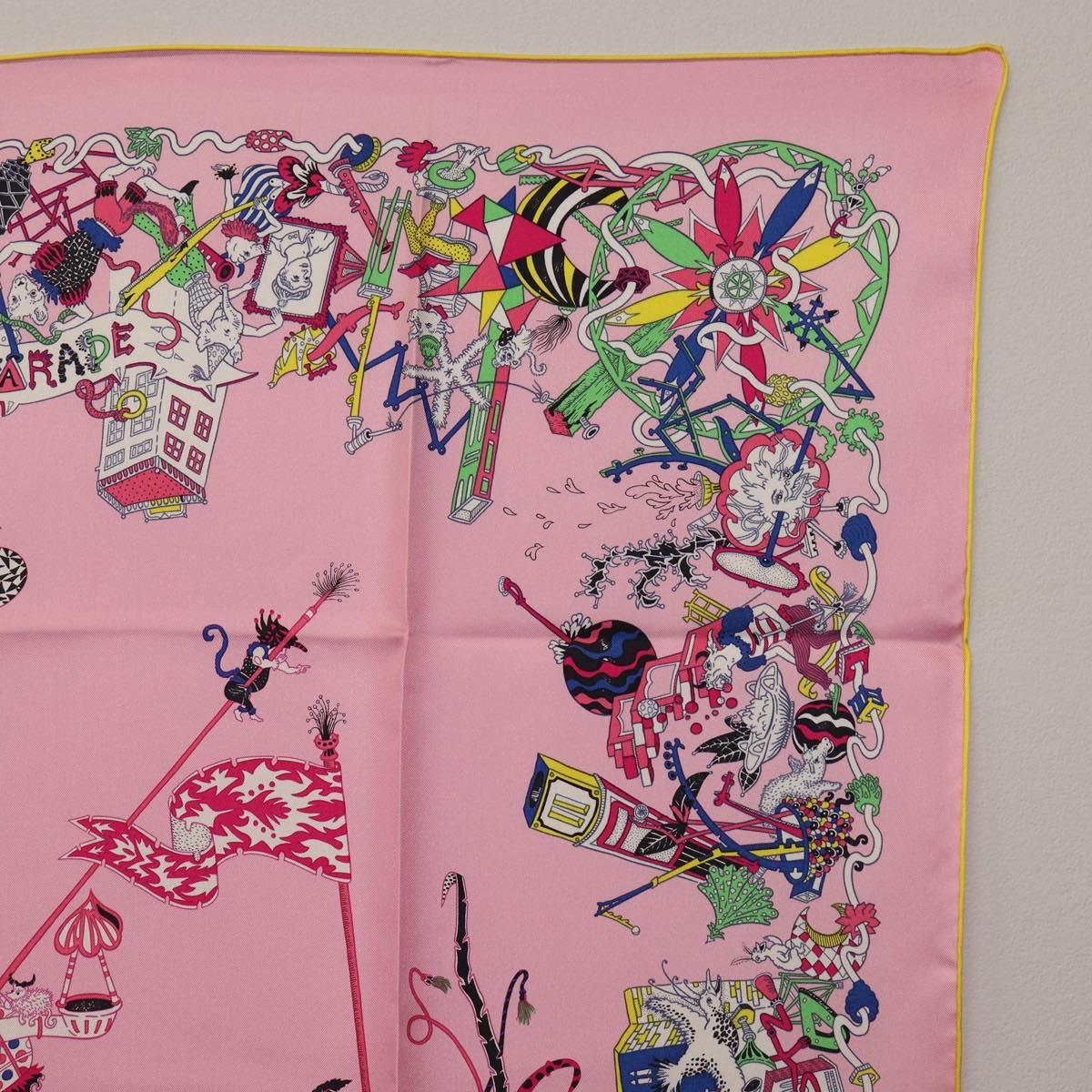 HERMES Carre 90 Scarf Silk Pink Yellow ""La Folle Parade"" Auth ki6876M