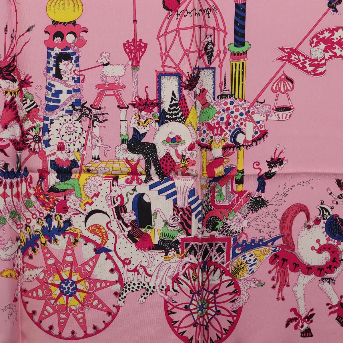 HERMES Carre 90 Scarf Silk Pink Yellow ""La Folle Parade"" Auth ki6876M