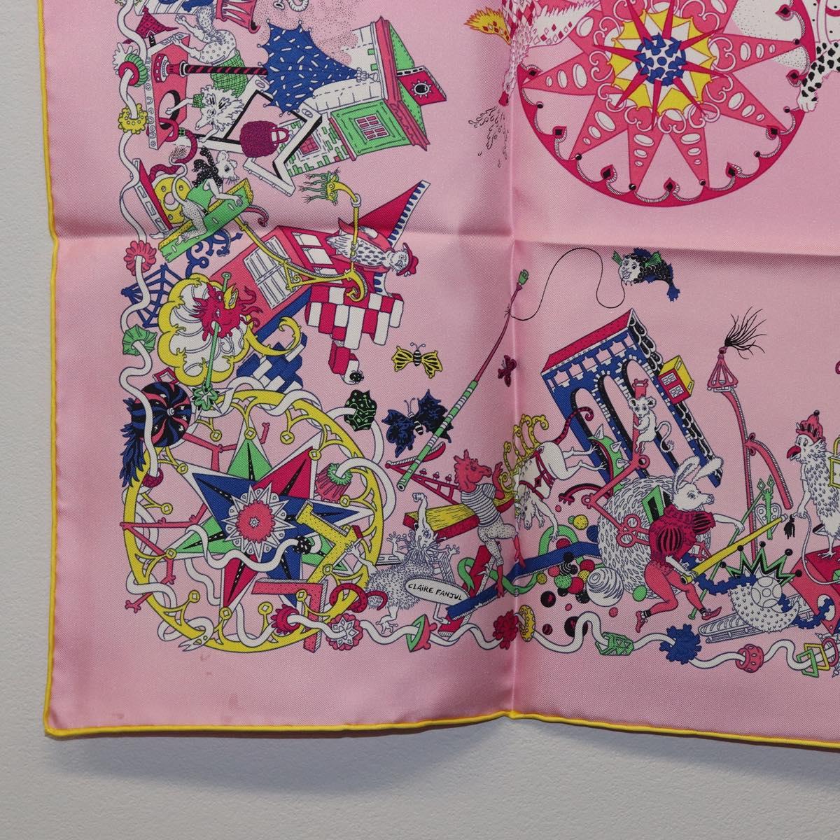 HERMES Carre 90 Scarf Silk Pink Yellow ""La Folle Parade"" Auth ki6876M