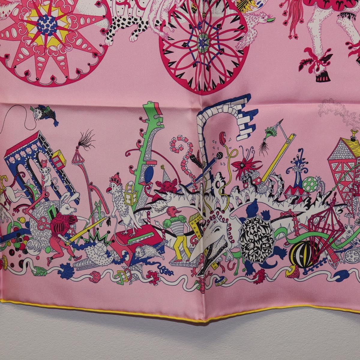 HERMES Carre 90 Scarf Silk Pink Yellow ""La Folle Parade"" Auth ki6876M