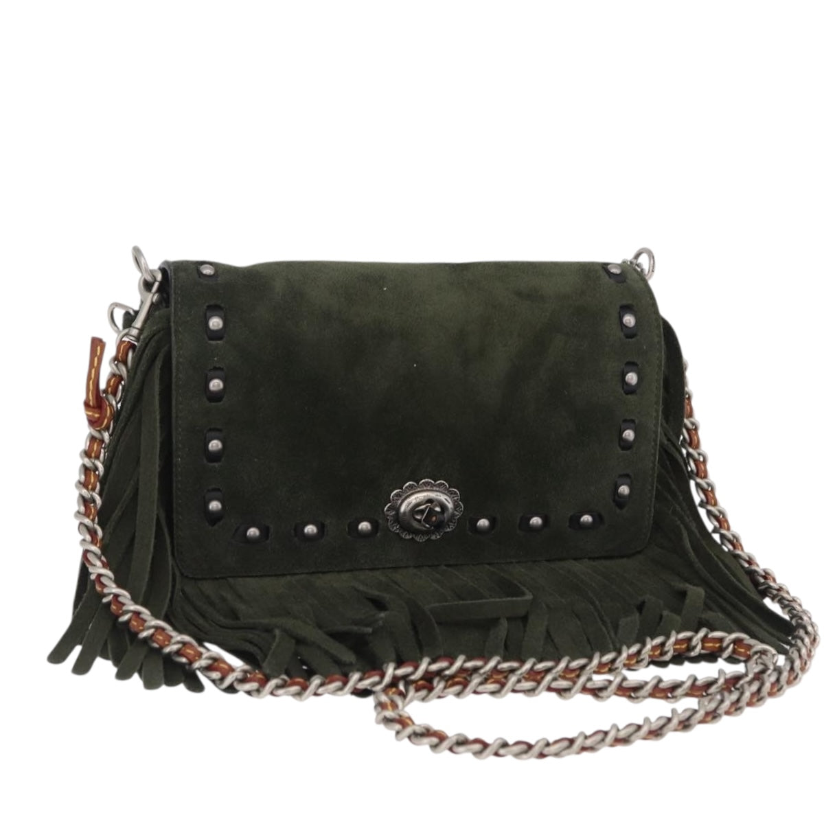 Coach Chain Shoulder Bag Suede Khaki Silver Auth ki6887A