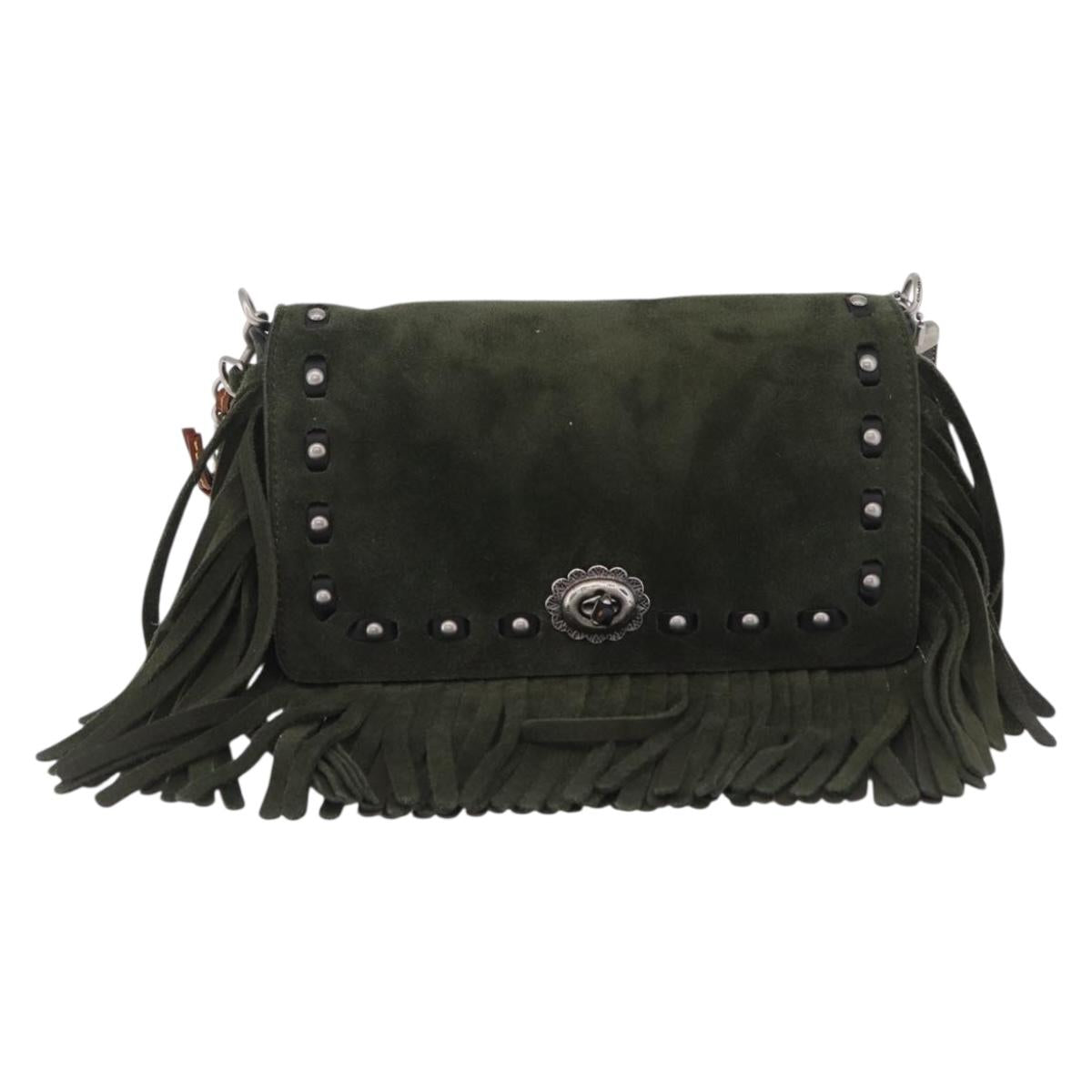 Coach Chain Shoulder Bag Suede Khaki Silver Auth ki6887A
