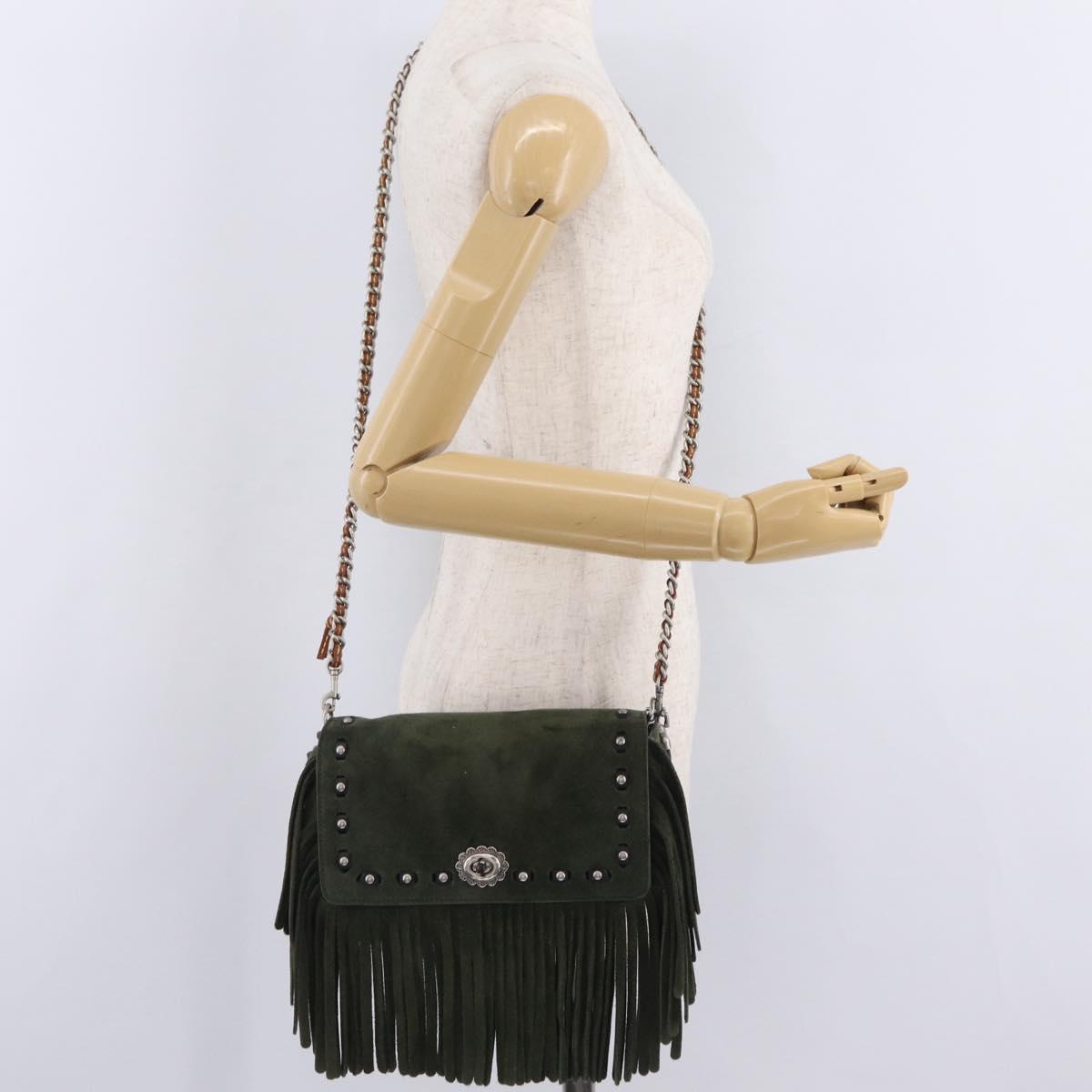 Coach Chain Shoulder Bag Suede Khaki Silver Auth ki6887A