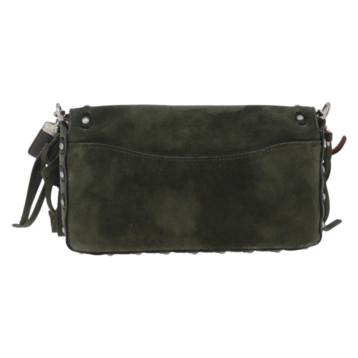 Coach Chain Shoulder Bag Suede Khaki Silver Auth ki6887A