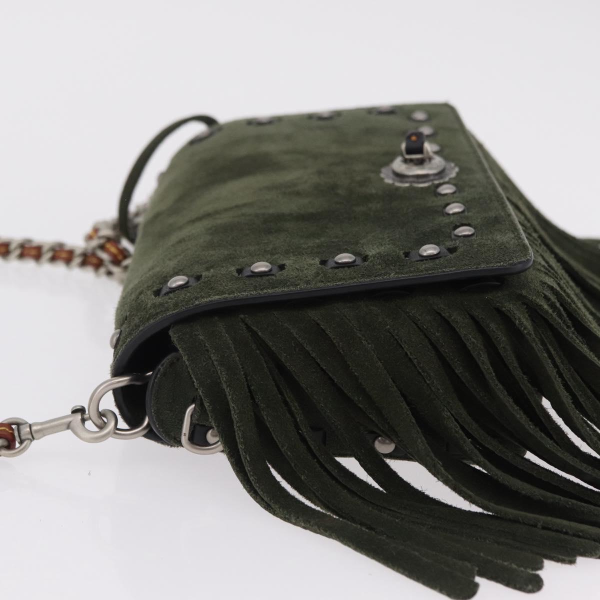 Coach Chain Shoulder Bag Suede Khaki Silver Auth ki6887A