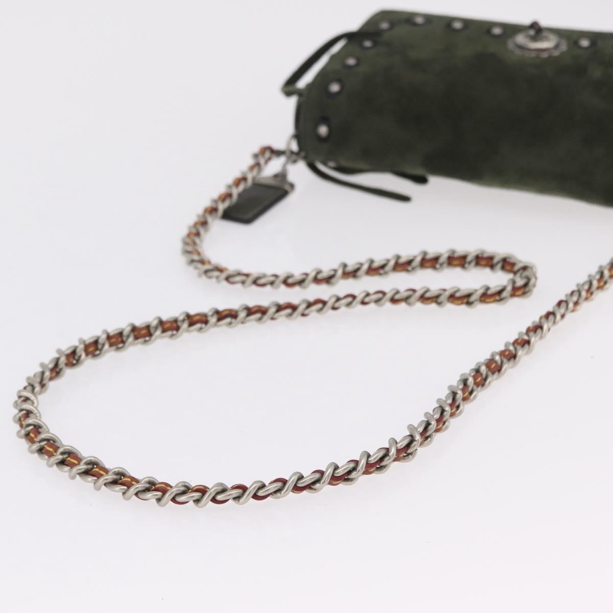 Coach Chain Shoulder Bag Suede Khaki Silver Auth ki6887A