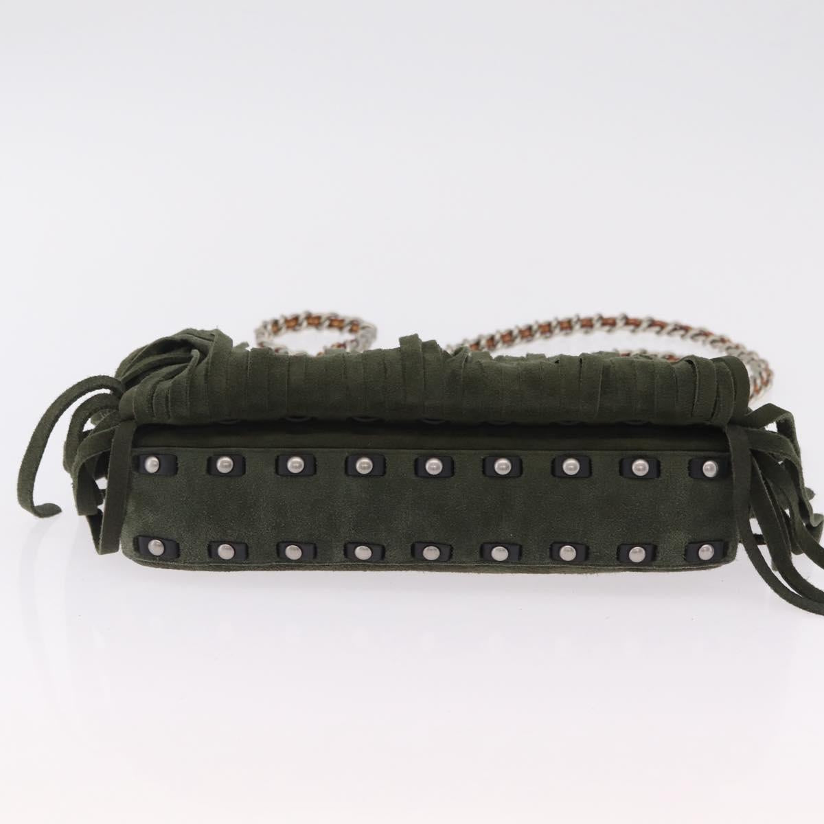 Coach Chain Shoulder Bag Suede Khaki Silver Auth ki6887A