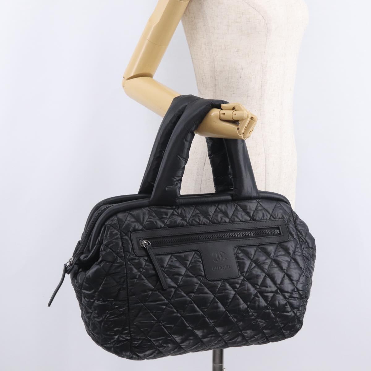 CHANEL Cococoon Boston Bag Nylon Black Silver CC Auth ki6893M