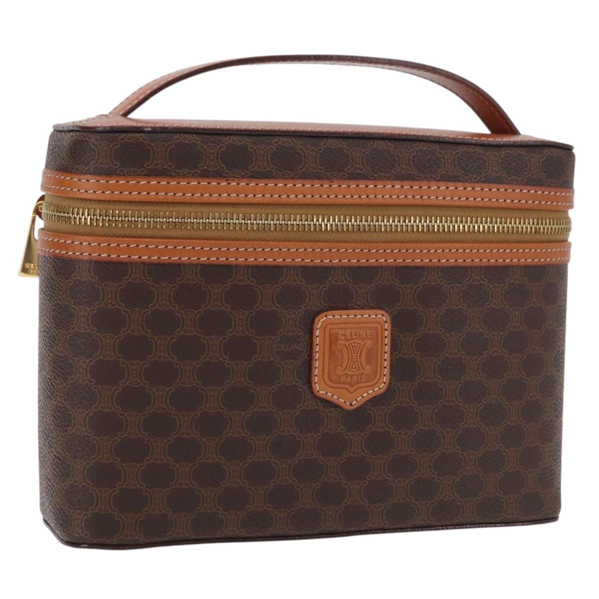 CELINE Macadam Vanity Cosmetic Pouch PVC Brown Gold Tone Auth ki6895M