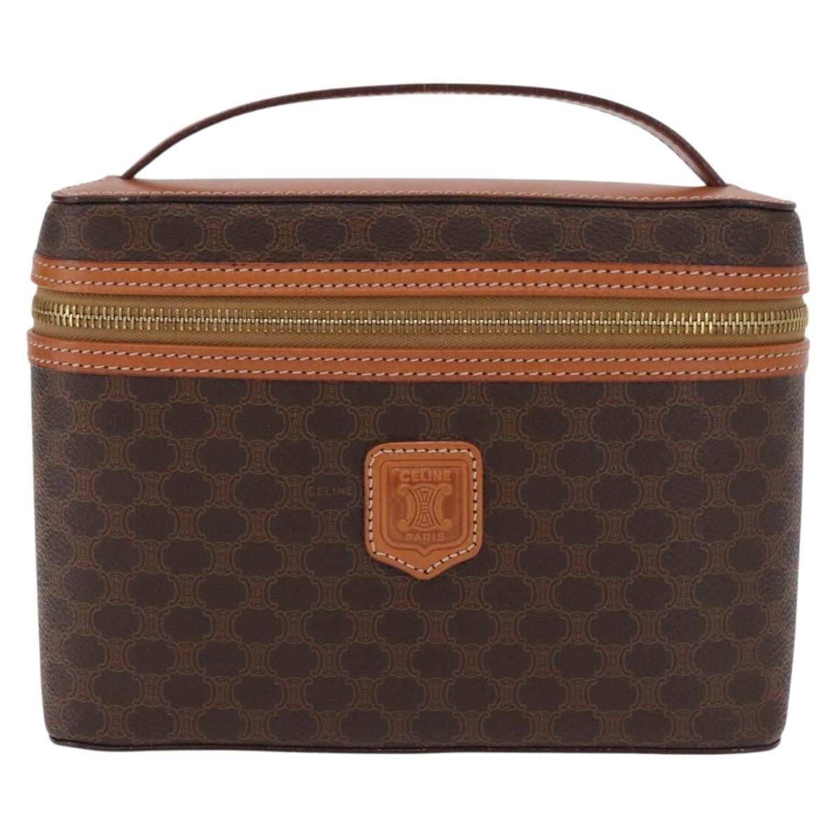 CELINE Macadam Vanity Cosmetic Pouch PVC Brown Gold Tone Auth ki6895M