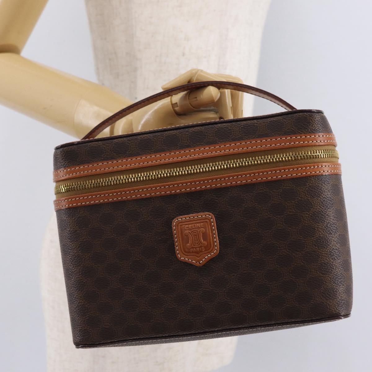 CELINE Macadam Vanity Cosmetic Pouch PVC Brown Gold Tone Auth ki6895M