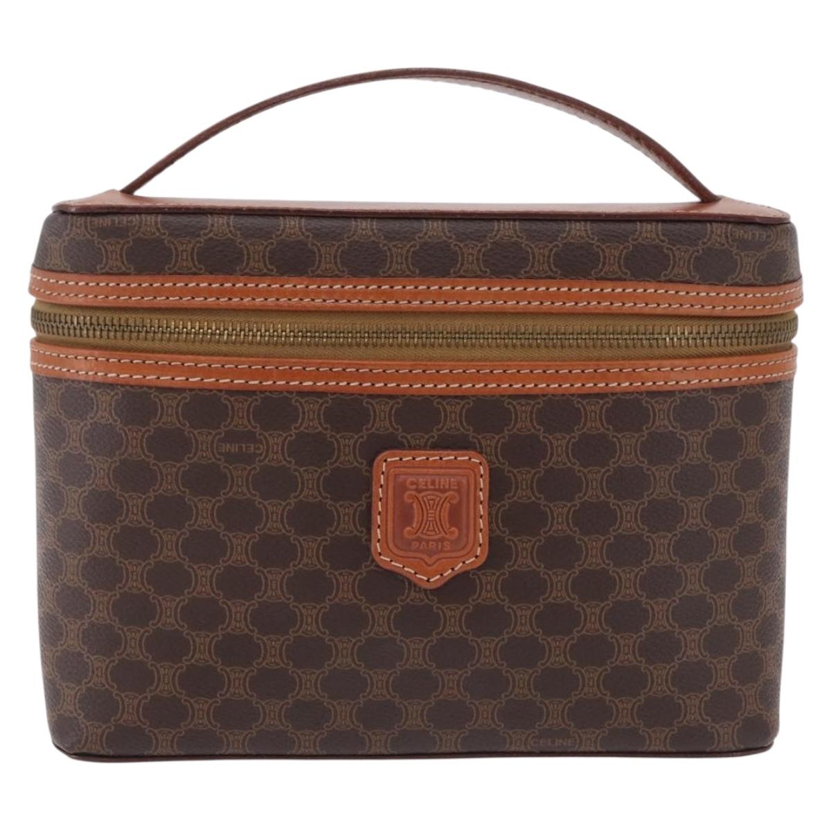 CELINE Macadam Vanity Cosmetic Pouch PVC Brown Gold Tone Auth ki6896M