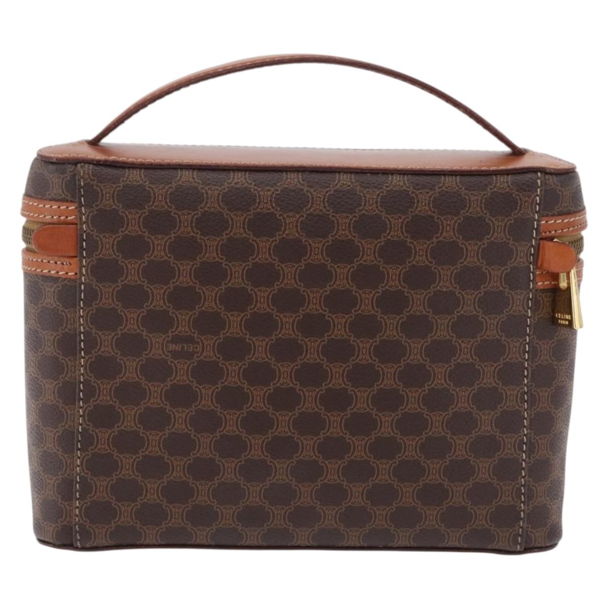 CELINE Macadam Vanity Cosmetic Pouch PVC Brown Gold Tone Auth ki6896M