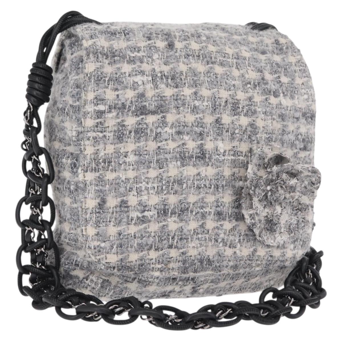 CHANEL Camellia Chain Shoulder Bag Tweed Gray Silver CC Auth ki6898M