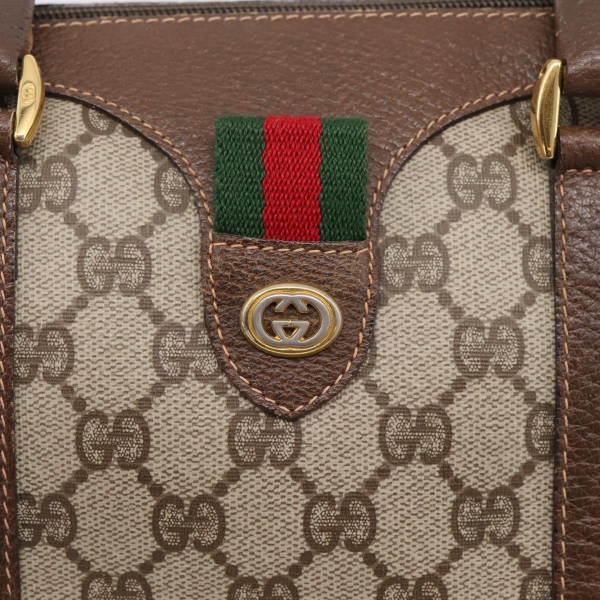 GUCCI GG Supreme Web Sherry Line Boston Bag PVC Beige Gold 40 02 006 Auth ki6908