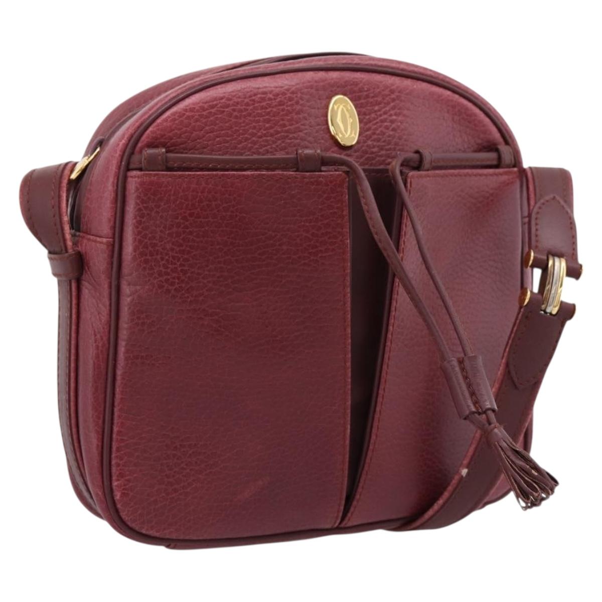 Cartier Shoulder Bag Leather Bordeaux Gold Auth ki6918