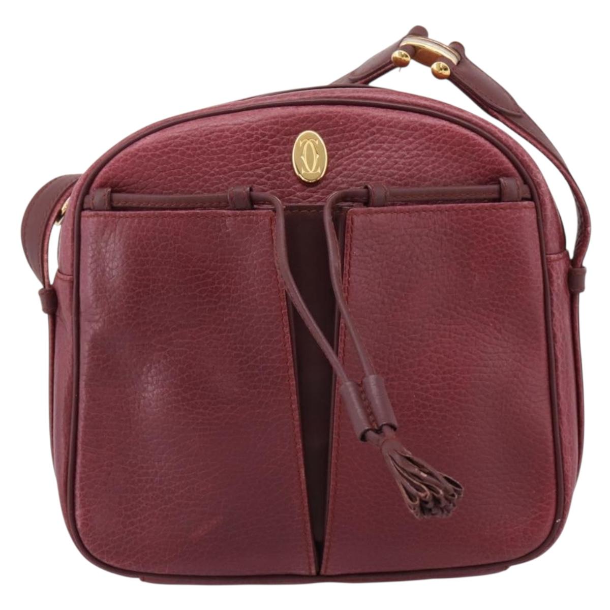 Cartier Shoulder Bag Leather Bordeaux Gold Auth ki6918