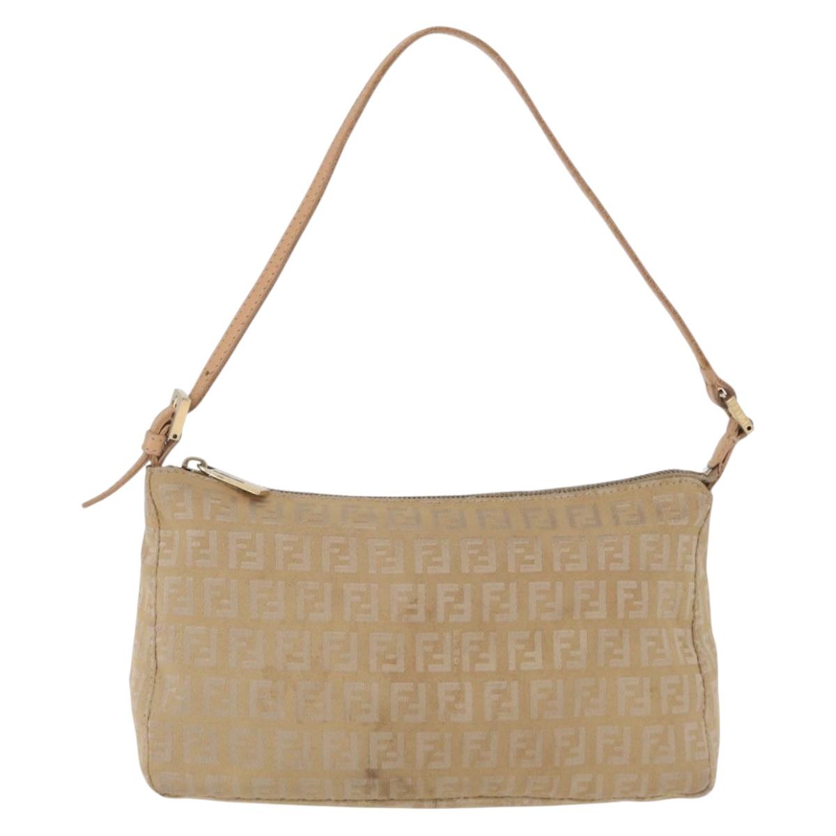 FENDI Zucchino Canvas Shoulder Bag Beige Gold Tone Auth ki6926