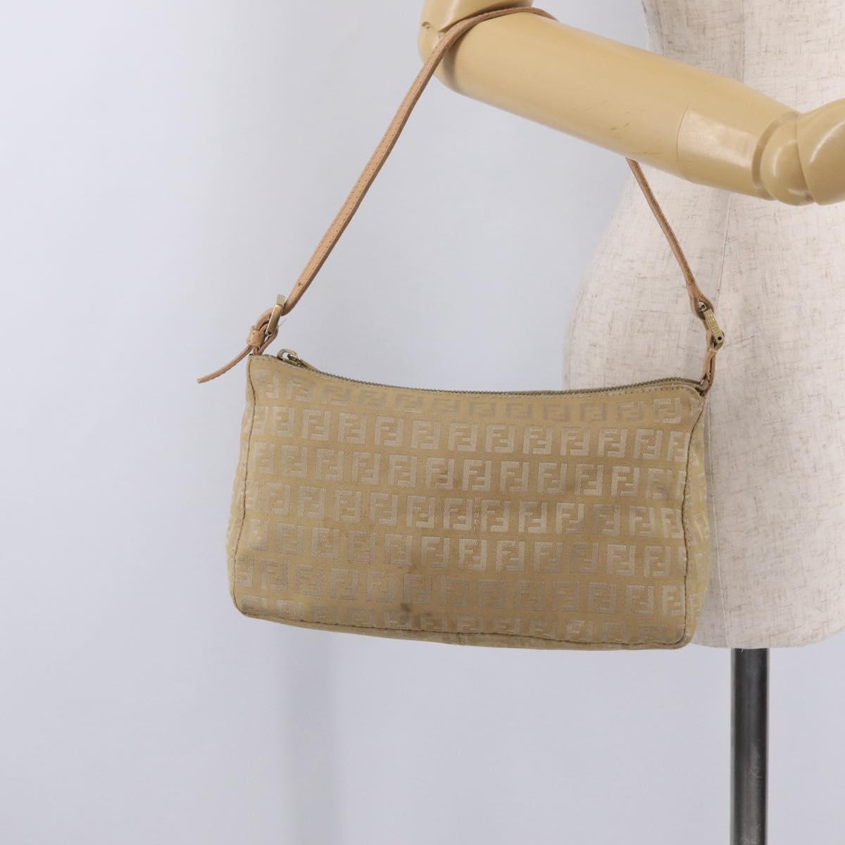 FENDI Zucchino Canvas Shoulder Bag Beige Gold Tone Auth ki6926