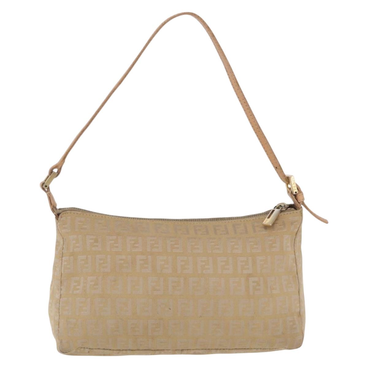 FENDI Zucchino Canvas Shoulder Bag Beige Gold Tone Auth ki6926