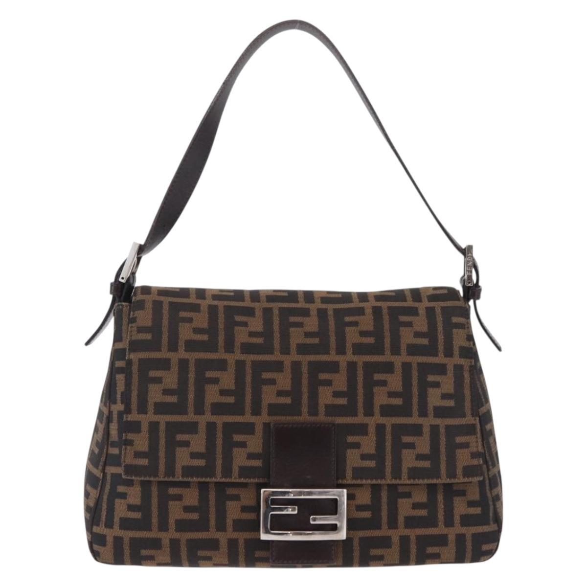 FENDI Zucca Canvas Mamma Baguette Shoulder Bag Brown Silver Auth ki6929V