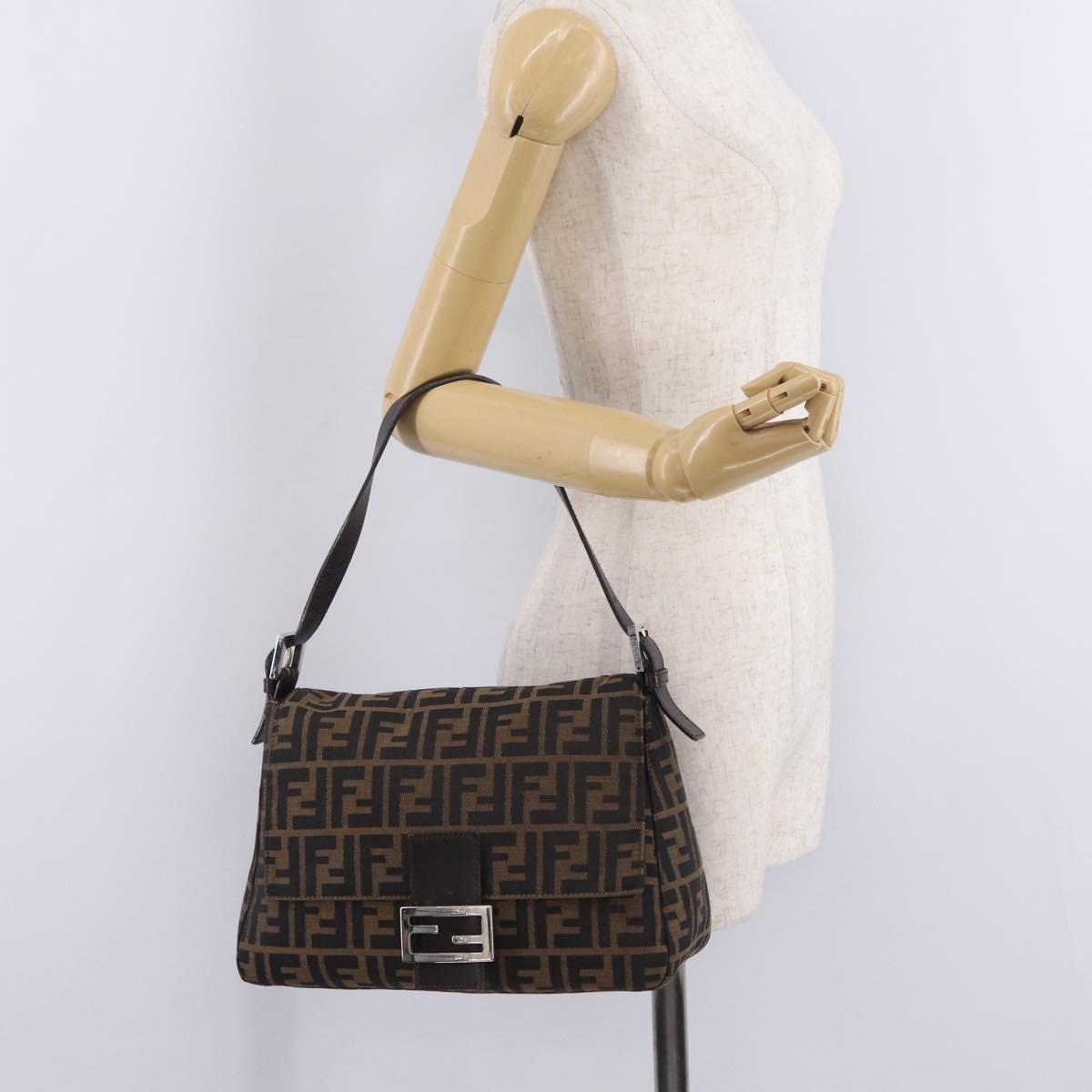 FENDI Zucca Canvas Mamma Baguette Shoulder Bag Brown Silver Auth ki6929V