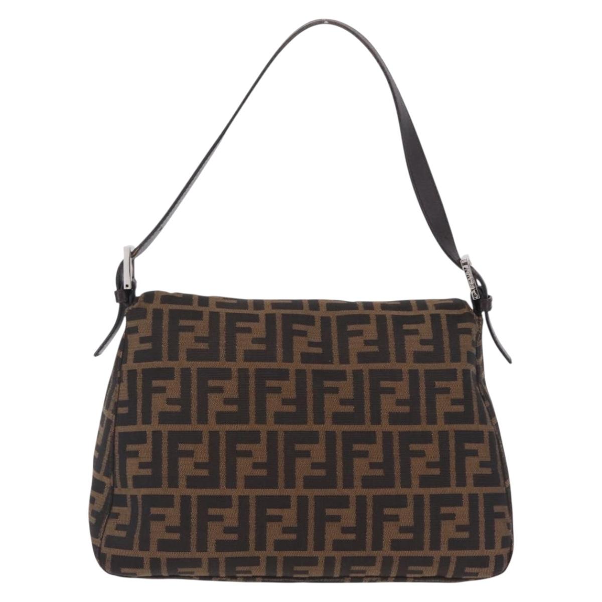 FENDI Zucca Canvas Mamma Baguette Shoulder Bag Brown Silver Auth ki6929V