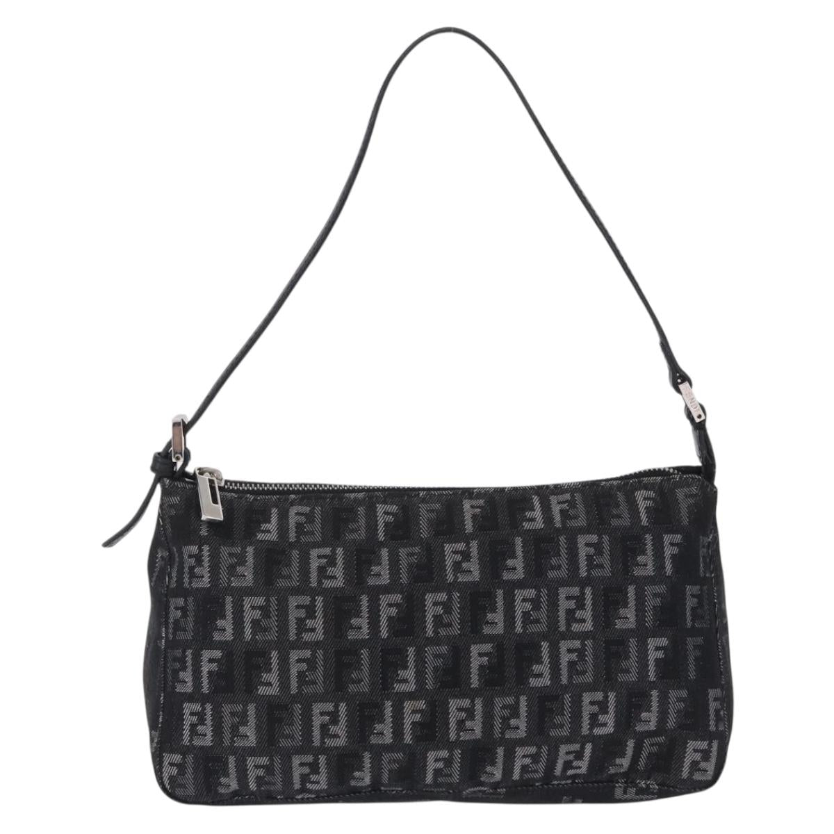 FENDI Zucchino Canvas Shoulder Bag Black Silver 8BR267 Auth ki6930V