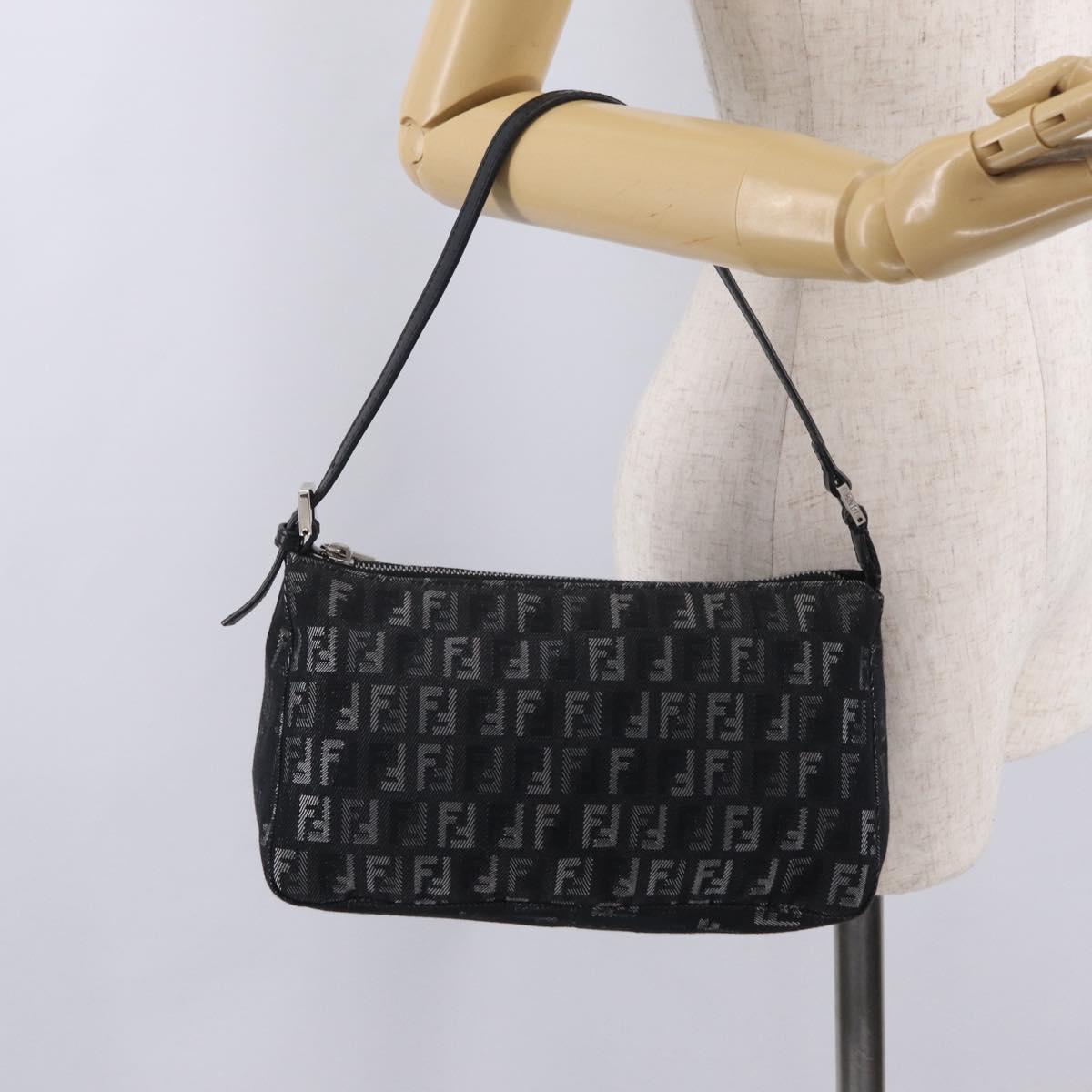 FENDI Zucchino Canvas Shoulder Bag Black Silver 8BR267 Auth ki6930V