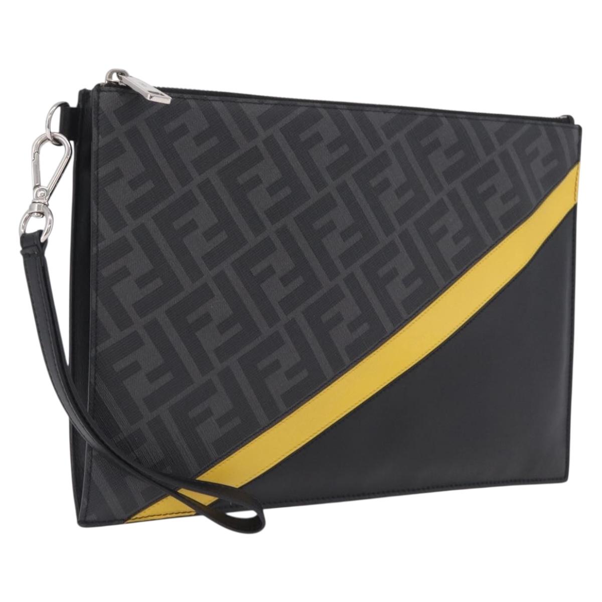 FENDI Zucca Canvas Clutch Bag PVC Black Silver 7N0100 Auth ki6931V